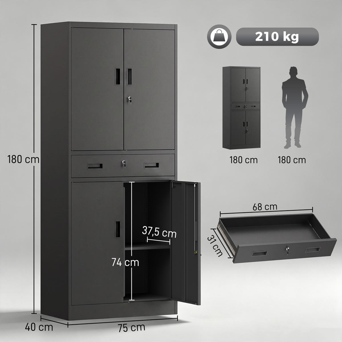 METALLSCHRANK Stahl Schwarz - Schwarz, Metall (40/180/75cm) - HOMCOM