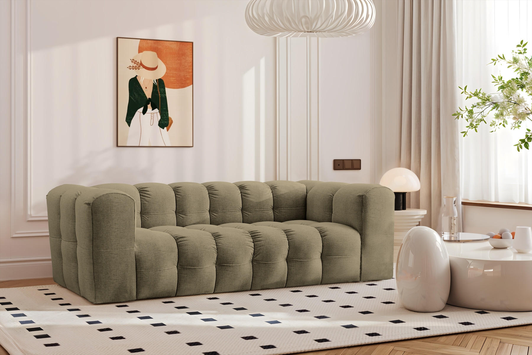 SOFA 3-Sitzer, Komfort, BALOO, Stoff Schenille, Olive - Olivgrün, Holz (222/75/106cm) - Kaiser Möbel