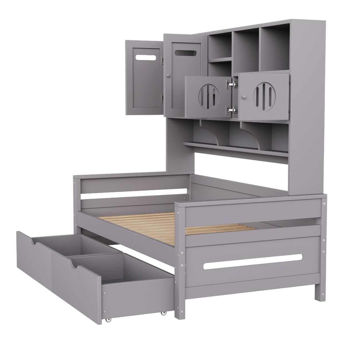JUGENDBETT 90/200 cm mit Stauraum, 2 Schubladen und Ablagefächern aus Holz, Grau - Grau, Holz (90/200cm) - Redom
