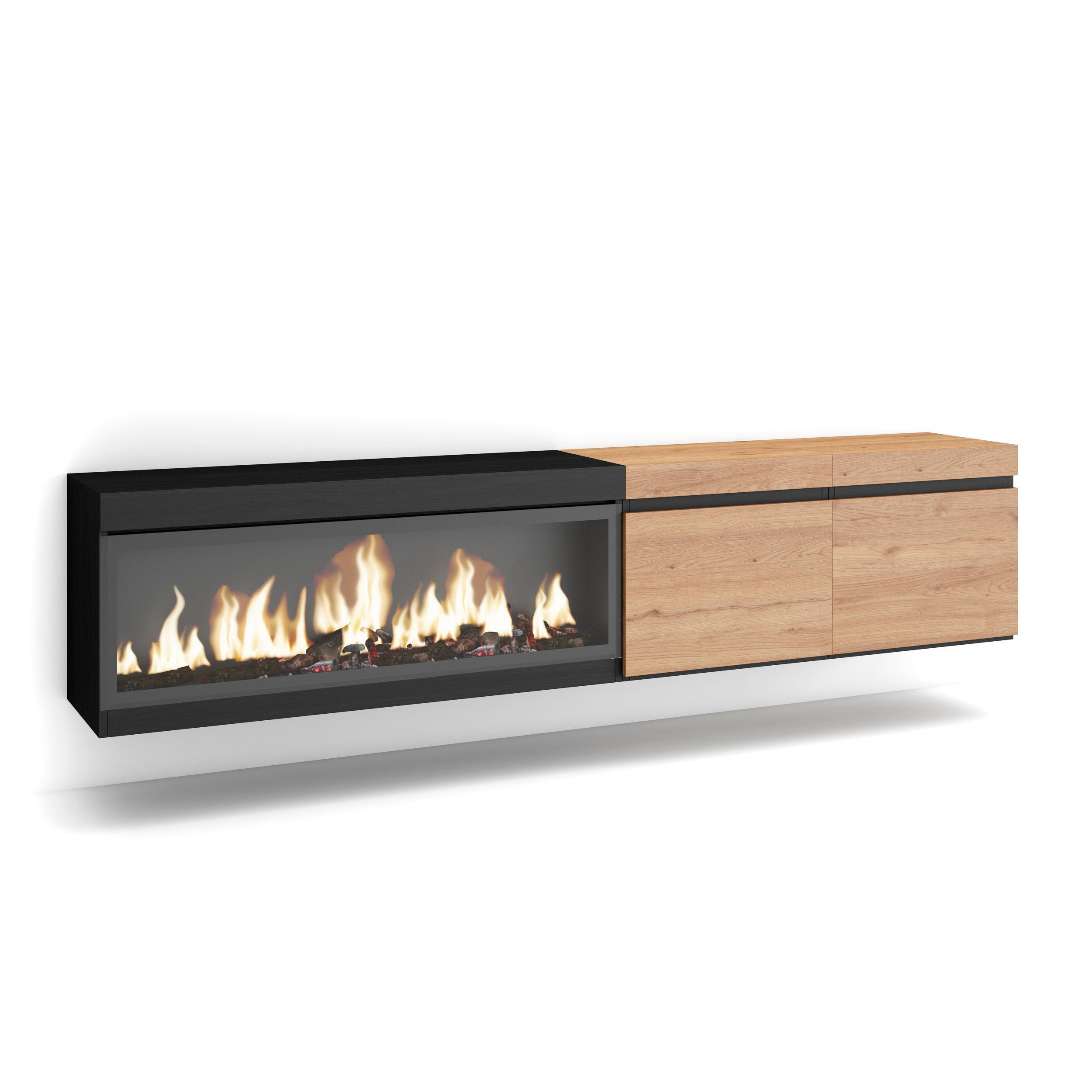 LOWBOARD, Tv-Schrank Elektrokamin XXL, Hängend, eiche, schwarz, 208/35/45cm - Eichefarben, Holzwerkstoff (208/45/35cm) - Skraut Home