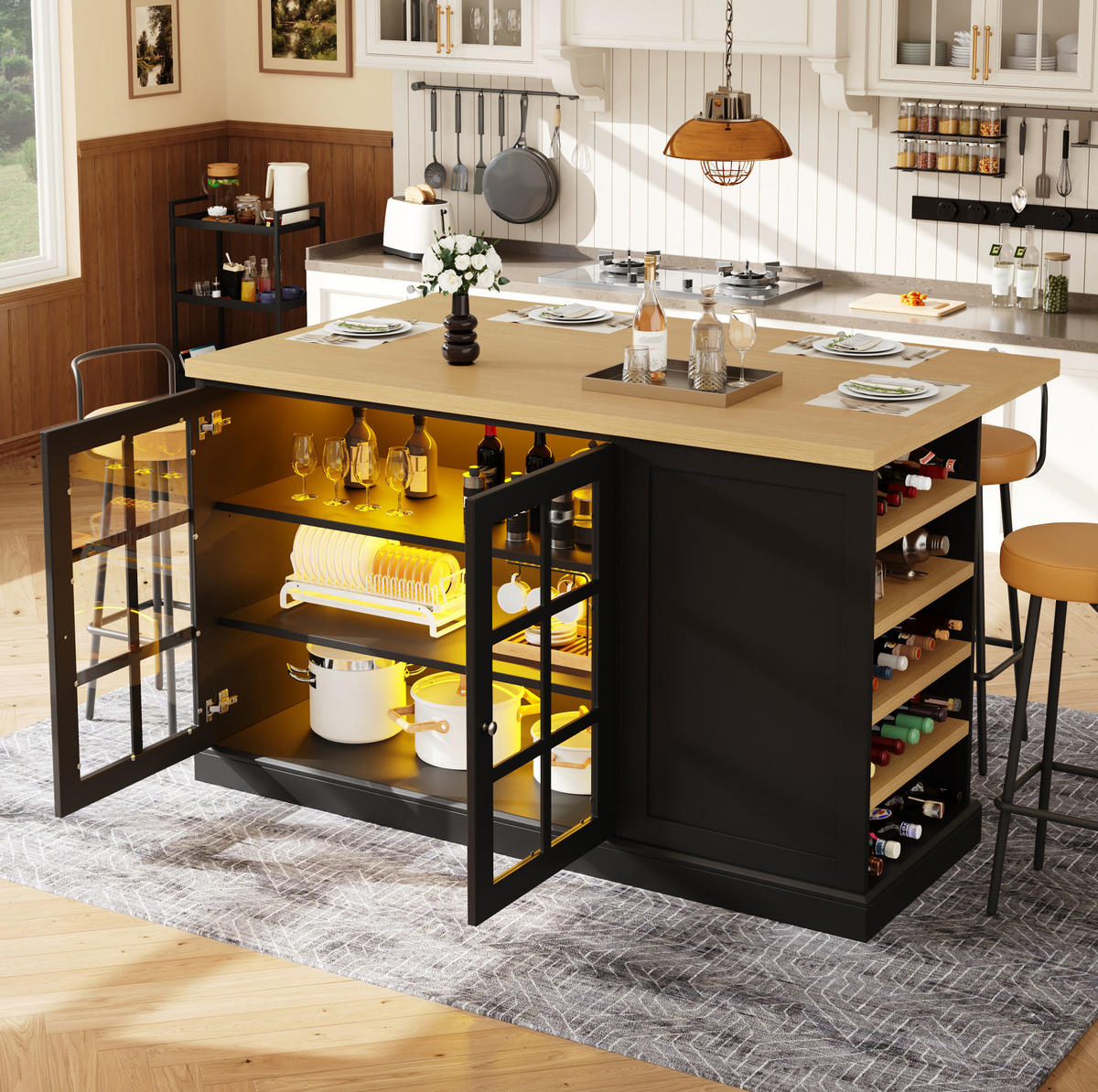 KÜCHENINSEL klappbar mit LED 120 x 40-70 x 90 cm Schwarz - Schwarz, Holz (70/90/120cm) - Beauniv