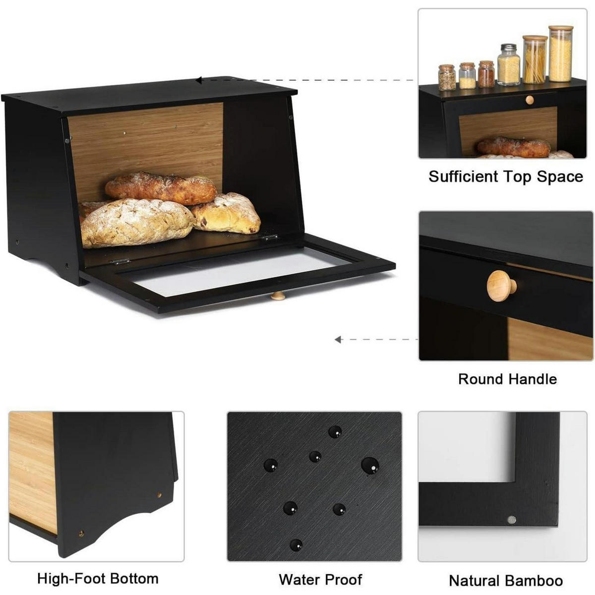 BROTKASTEN Bambus Schwarz 39 x 21 x 23 cm - Schwarz, Naturmaterialien (21/23/39cm)