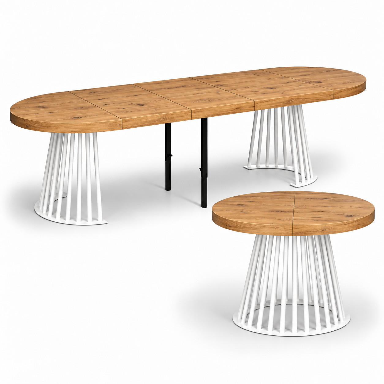 ESSTISCHRUND ausziehbar 100/300/76 cm, Eiche Craft, 54 cm Tischplatte + Lamellen-Metallgestell Weiß - Eichefarben/Weiß, Holzwerkstoff/Metall (100/300/76cm) - Damale Möbel