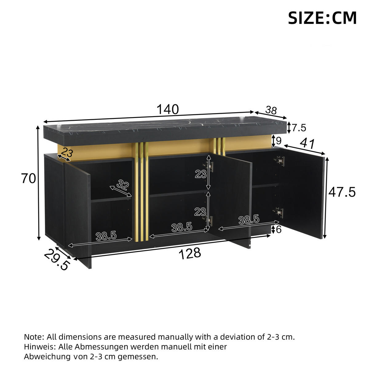 SIDEBOARD aus Spanplatte 140x38x70 cm Schwarz mit Marmordekor, 3 Türen und verstellbaren Einlegeböden - Schwarz, Holzwerkstoff (140/70/38cm) - Modfu