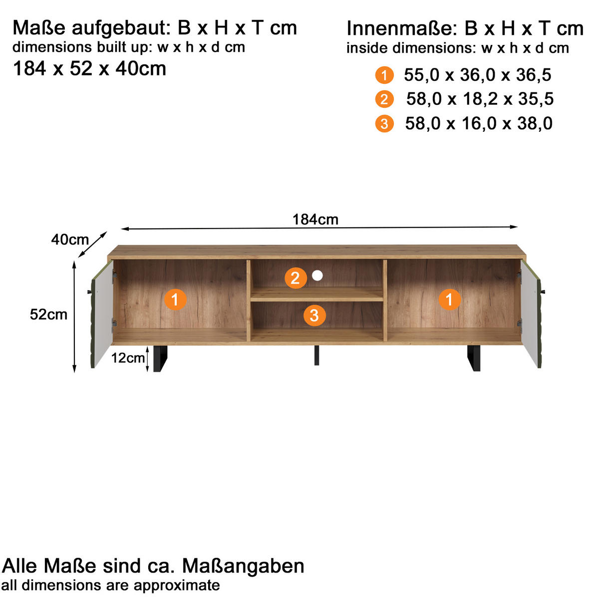 TV-LOWBOARD grün matt mit 3D Struktur, Eiche Artisan 184 cm, TV-Unterteil mit Soft-Close - Schwarz/Eiche Artisan, Holzwerkstoff/Kunststoff (184/52/40cm) - Top.Furn