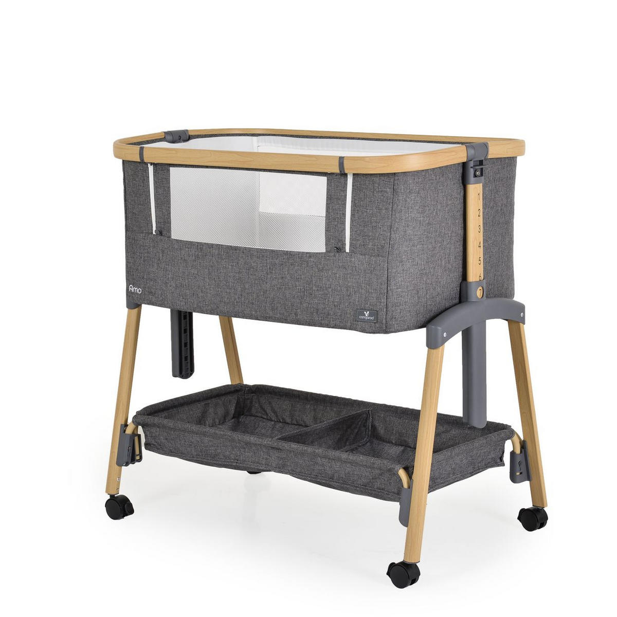 BEISTELLBETT Amo dunkelgrau 80 x 48 cm, 7 Höhenpositionen, Anti-Reflux, Moskitonetz, Matratze - Grau, Metall (48/80cm) - Cangaroo