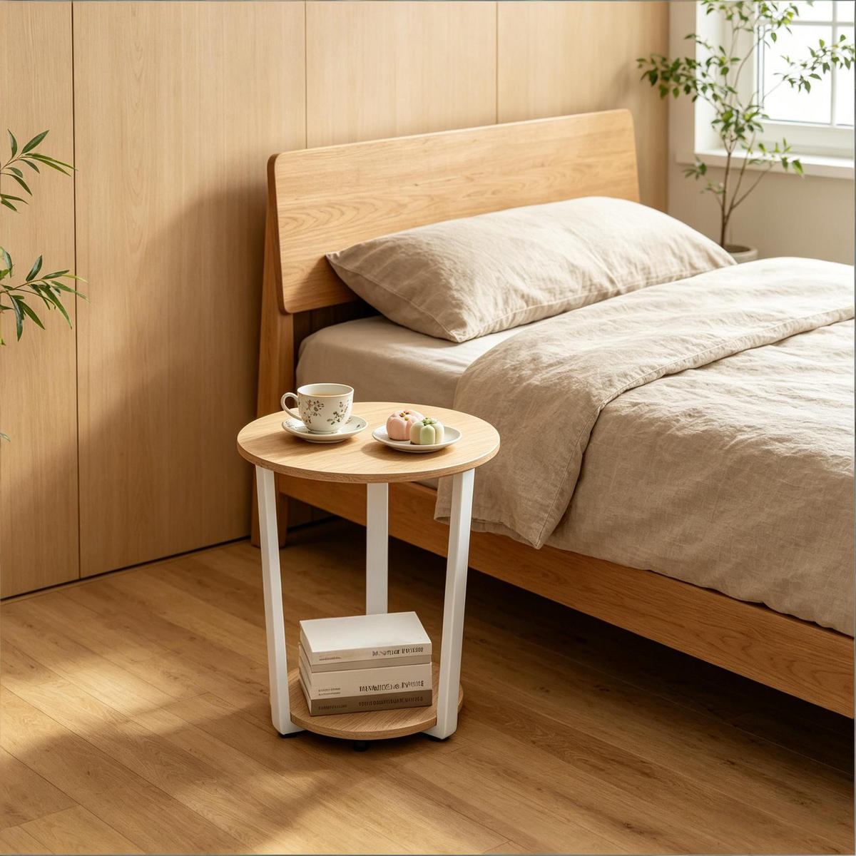 BEISTELLTISCH DE-37223 rund mit 2 Regalen Helle Eiche - Eichefarben, Metall (50/50/53cm) - ComfortXL