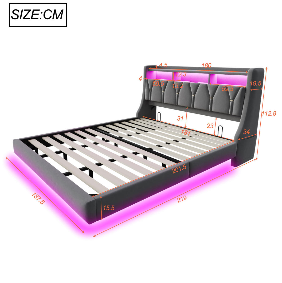 TAPECIRANI krevet 180/200 cm s LED osvjetljenjem, USB i Type-C priključcima te sklopivim uzglavljem, Siva - siva, drvni materijal (180/200cm) - Redom