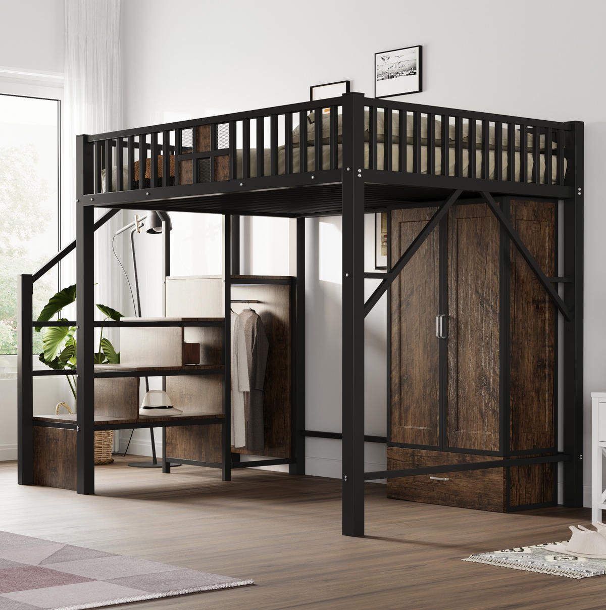HOCHBETT 140/200 cm aus Metall und Holz mit Kleiderschrank und Aufbewahrungsleiter Schwarz - Schwarz, Metall (140/200cm) - Modenvie