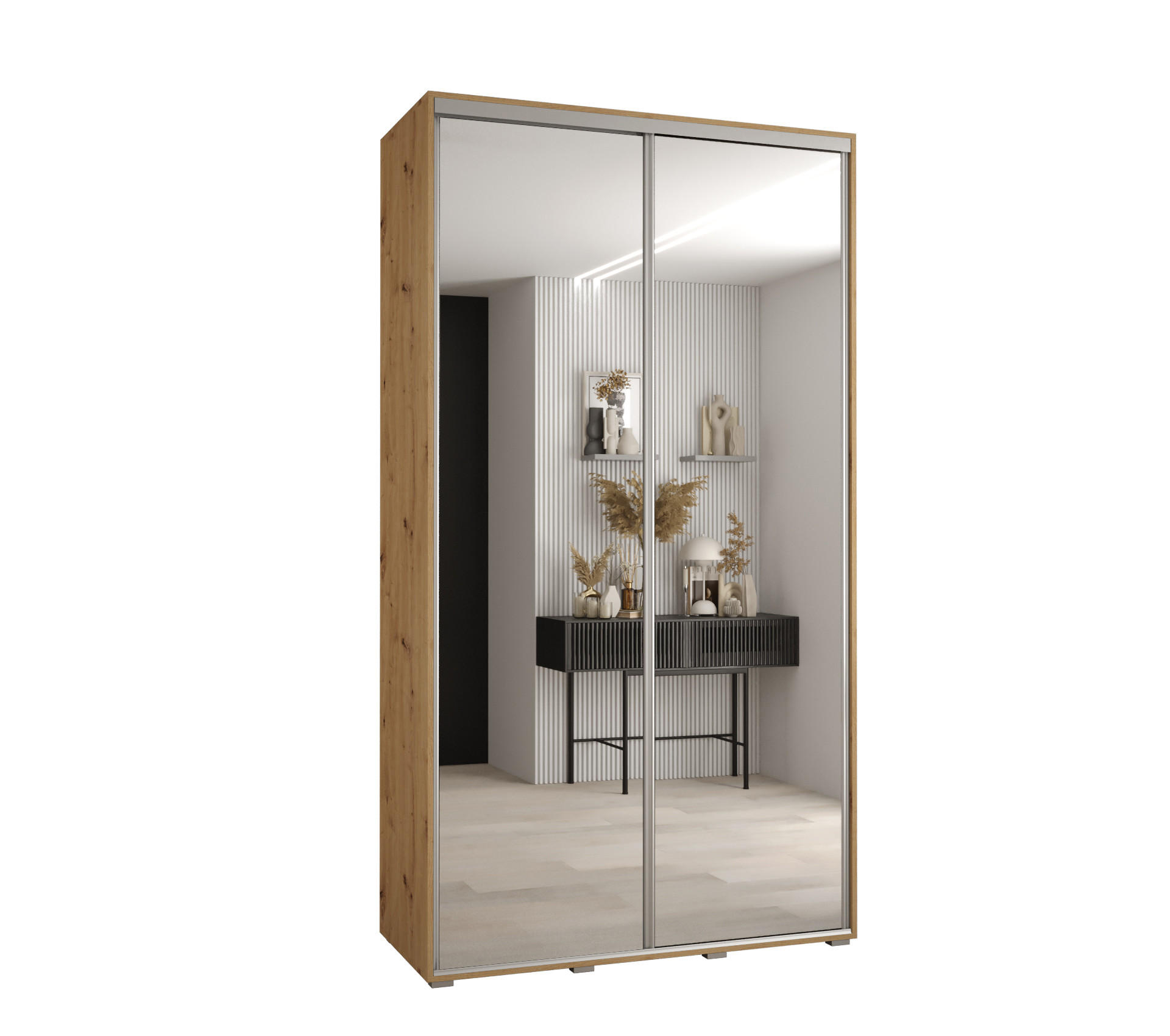 Abiks Möbel Schwebetürenschrank Eiche Artisan, Silber 140x235x45 cm