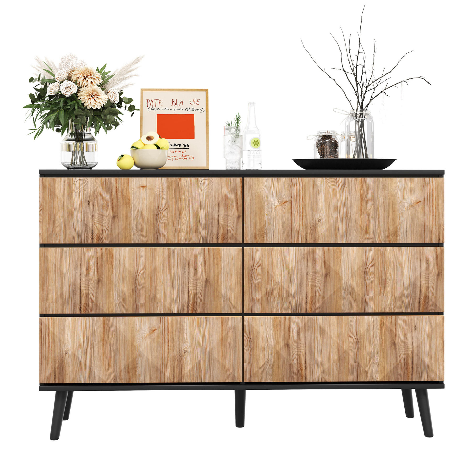 Modfu KOMODA z MDF a dřevotřísky 120x40x85 cm černá/přírodní se 6 zásuvkami, skrytými úchyty a reliéfními čely