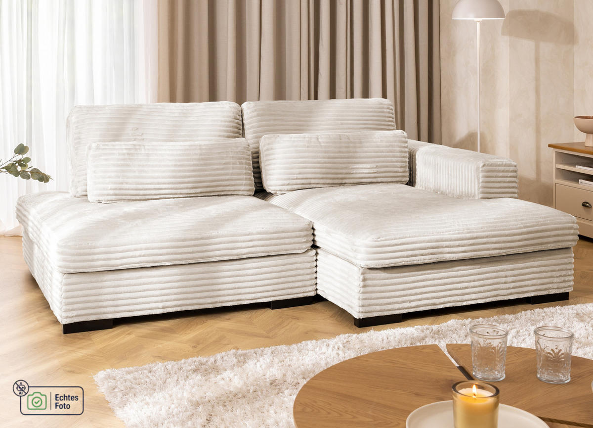 ECKSOFA Wolke mit tiefer Sitzfläche, Schlaffunktion und praktischem Bettkasten aus weichem Creme Cordstoff - Creme/Schwarz, Holz/Kunststoff (225/162cm) - S-Style