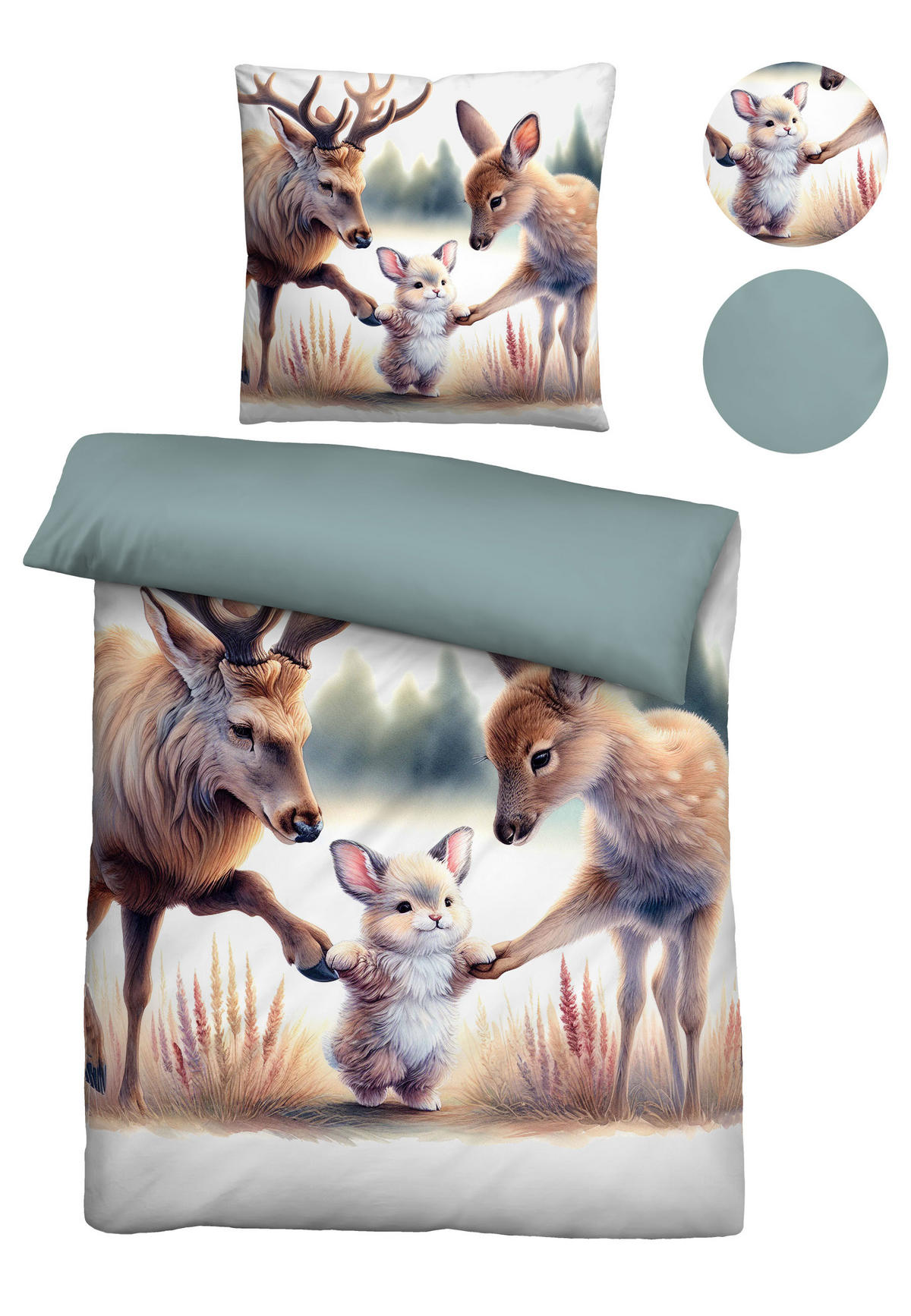 BETTWÄSCHE-GARNITUR Biber Waldtiere natur, 155x200 cm + 80x80 cm - Naturfarben, Textil (155/200cm) - biberna