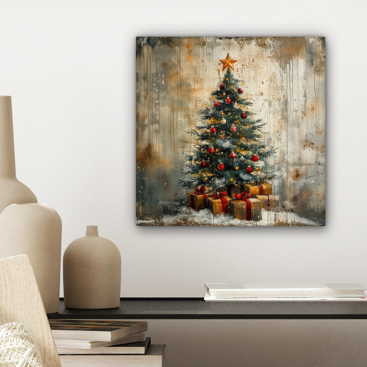 LEINWANDBILD Weihnachtsbaum - Vintage - Weihnachten - Geschenk Deko Wohnzimmer 20x20 cm - Rostfarben, Textil (20/20cm) - MuchoWow