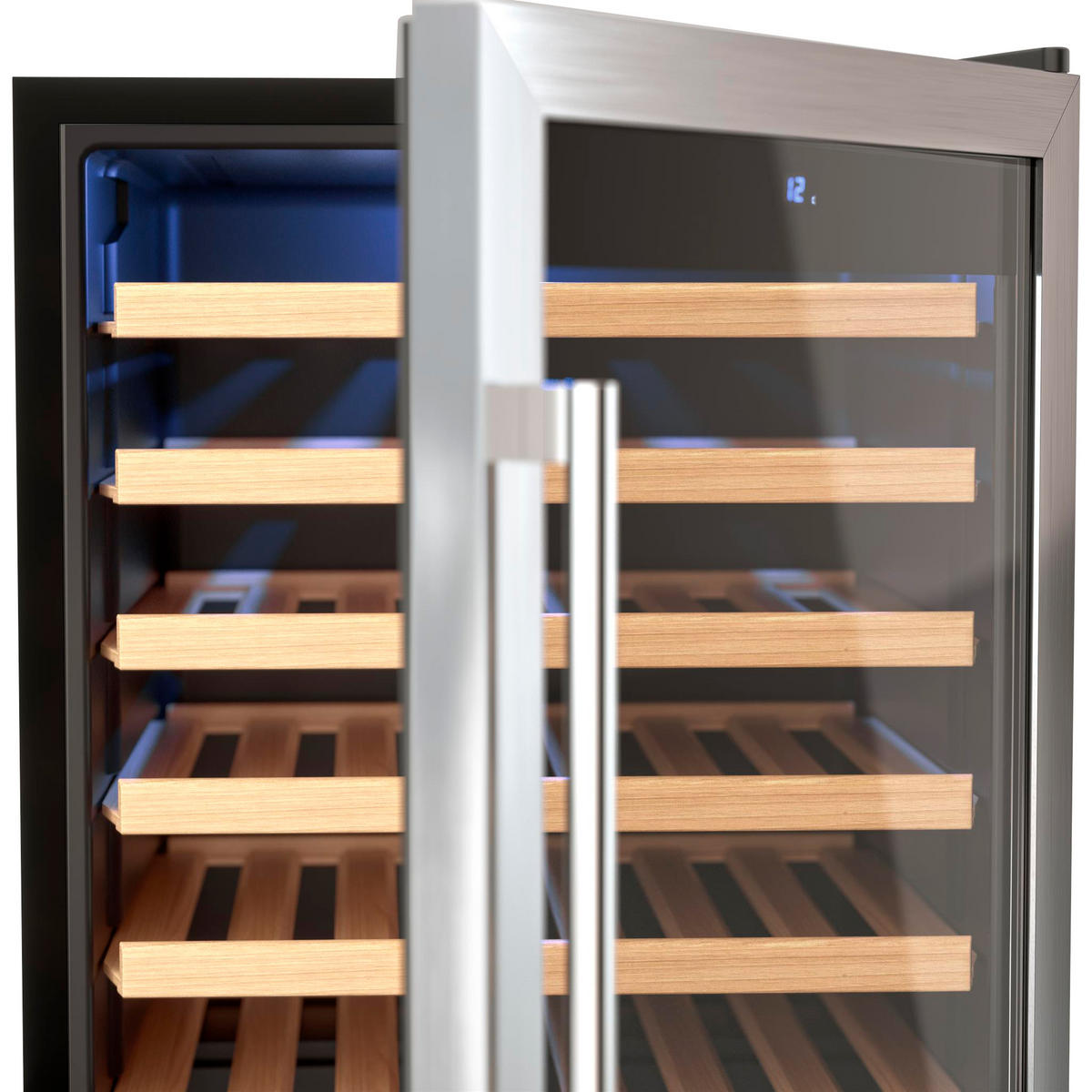 WEINKÜHLSCHRANK CAVC48 Schwarz und Silber, von 48 Flaschen , 128L, 6 Holzregale, Thermodynamische Kühlung, Elegantes Design, LED, Anti-UV - Schwarz, Metall (46.6/77.9/44.1cm) - Les Petits Champs