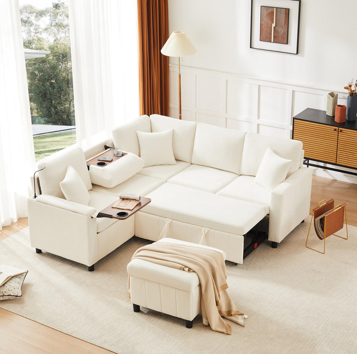ECKSOFA Chenille mit Schlaffunktion, Hocker und USB-Anschluss 205/205/85 cm Beige - Beige, Textil (205/205cm) - Redom