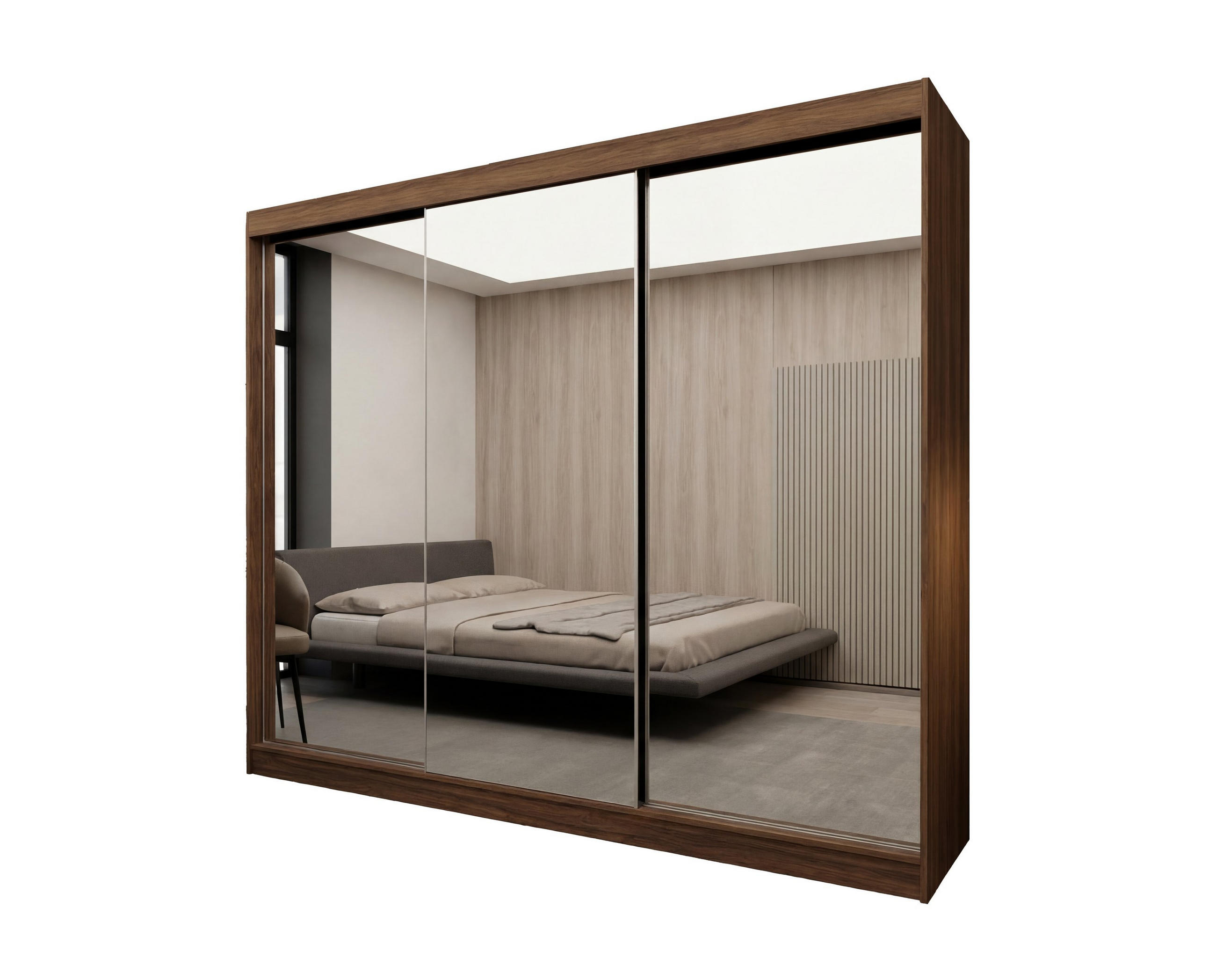 SCHWEBETÜRENSCHRANK BELLINA 240/216/61 cm Modern Kleiderschrank 3-türig mit Spiegel Nussbaumfarben - Nussbaumfarben, Holzwerkstoff (240/216/61cm) - MASSENO