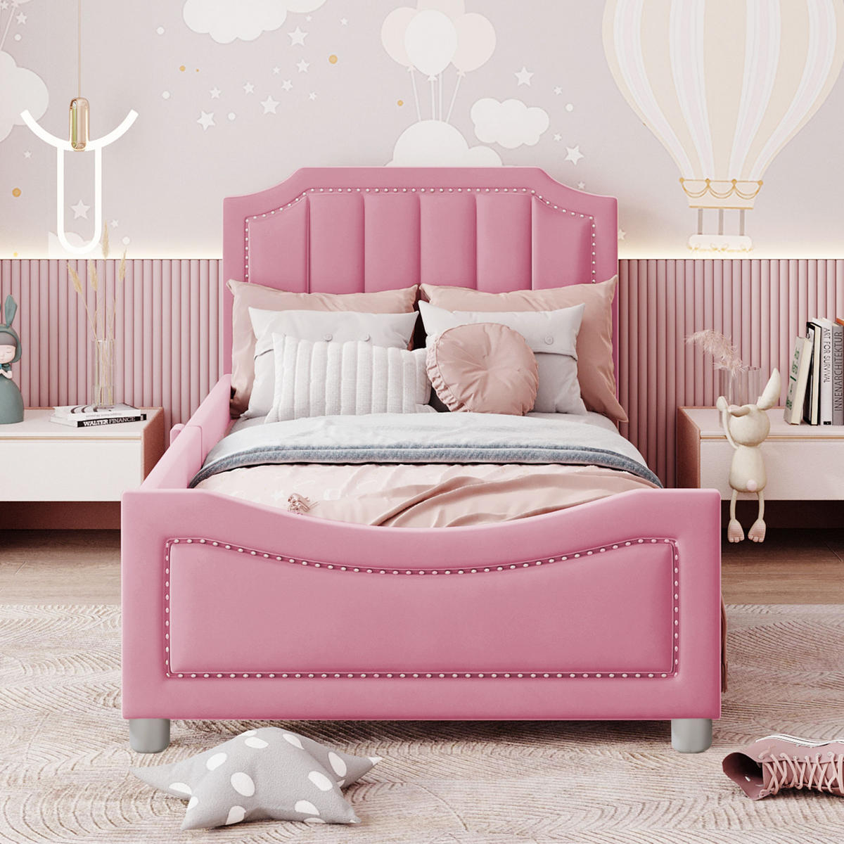 KINDERBETT 90/200 cm aus Holz mit Flanellbezug und Rückenlehne Rosa - Pink, Holz (90/200cm) - Modenvie