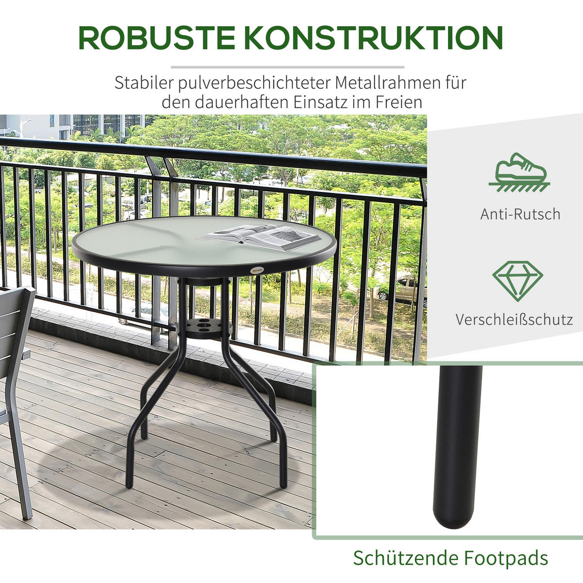 GARTENTISCH, Schwarz, Metall, Hartglas - Schwarz, Glas/Metall (80/80/72cm) - Outsunny