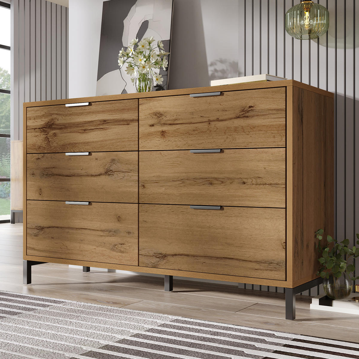 SIDEBOARD 120x40x76 cm Dunkle Eiche mit 6 Schubladen - Alteiche, Holzwerkstoff (120/76/40cm) - FLIEKS