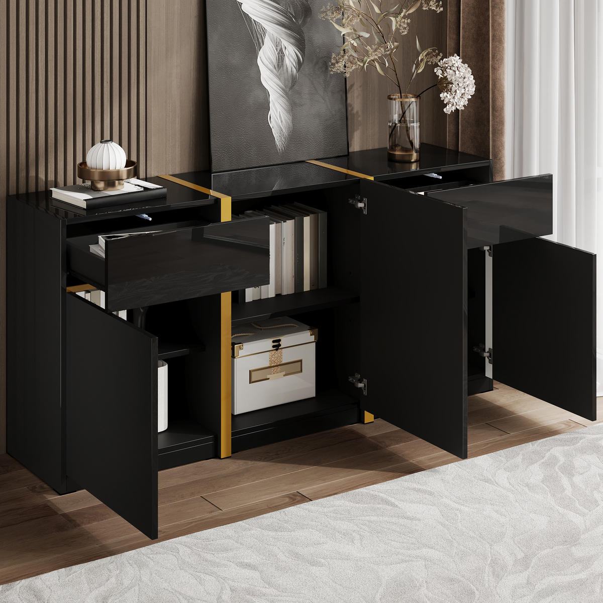 SIDEBOARD 160/40/78 cm aus MDF und Holzwerkstoff mit Hochglanzfront und goldfarbenen Details Schwarz - Schwarz, Holzwerkstoff (160/78/40cm) - Modenvie