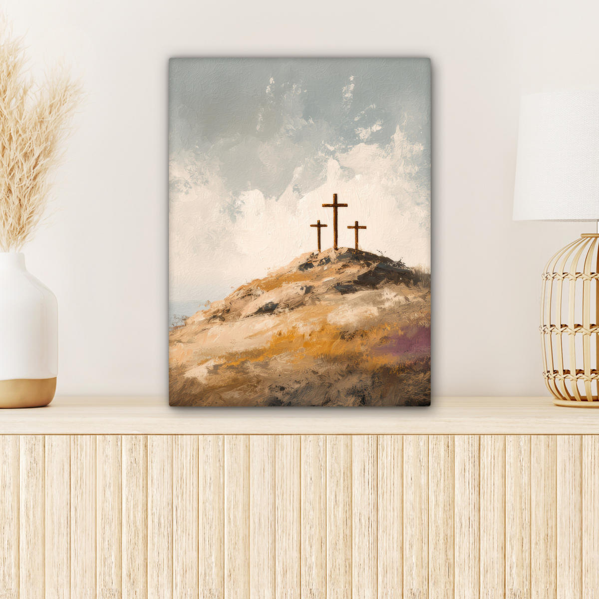 LEINWANDBILD Hügel - Abstrakt - Christentum - Kreuz Room Decor 30x40 cm - Hellgrau, Textil (30/40cm) - MuchoWow