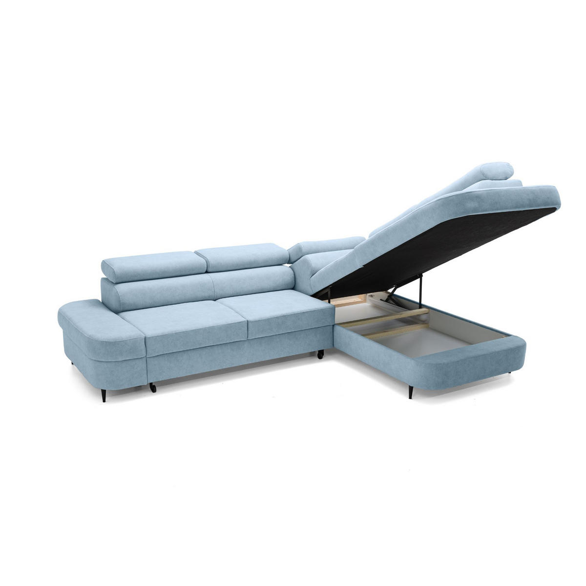 ECKSOFA PRIAM L Rechts mit Schlaffunktion 125x195 Velours Hellblau - Schwarz/Hellblau, Holz/Textil (203/275cm) - Muffo
