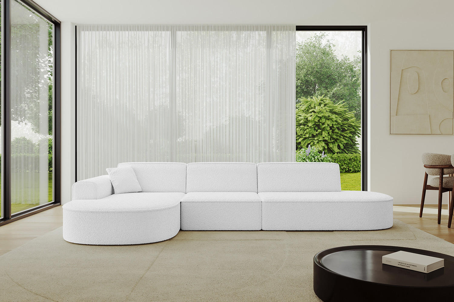 ECKSOFA Ottomane Links MARI-L2 - 317x163x73,5 cm Weiß Bouclé - Schwarz/Weiß, Holzwerkstoff/Kunststoff (165/321cm) - ALTDECOR