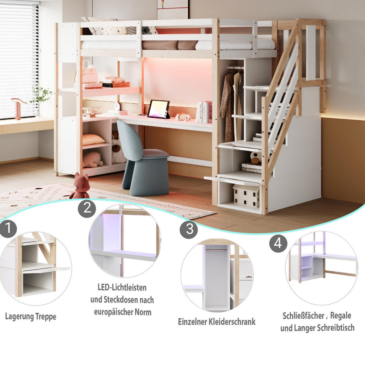 VISOKA postelja 90/200 cm bela in naravna z omaro, pisalno mizo in LED-osvetlitvijo iz masivnega lesa in MDF - bela, leseni material (90/200cm) - OKWISH