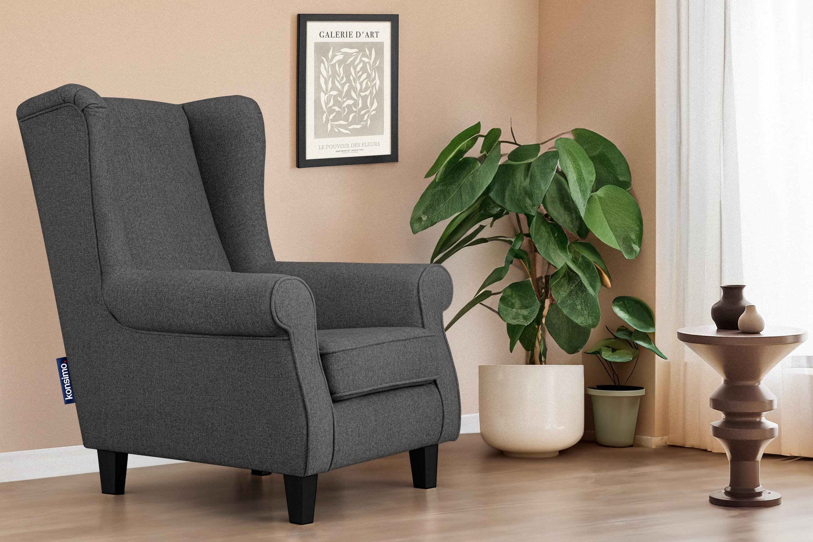 OHRENSESSEL MILES Massivholzbeine schwarz, grau - Grau, Holzwerkstoff/Buchenholz (82/105/97cm) - KONSIMO®