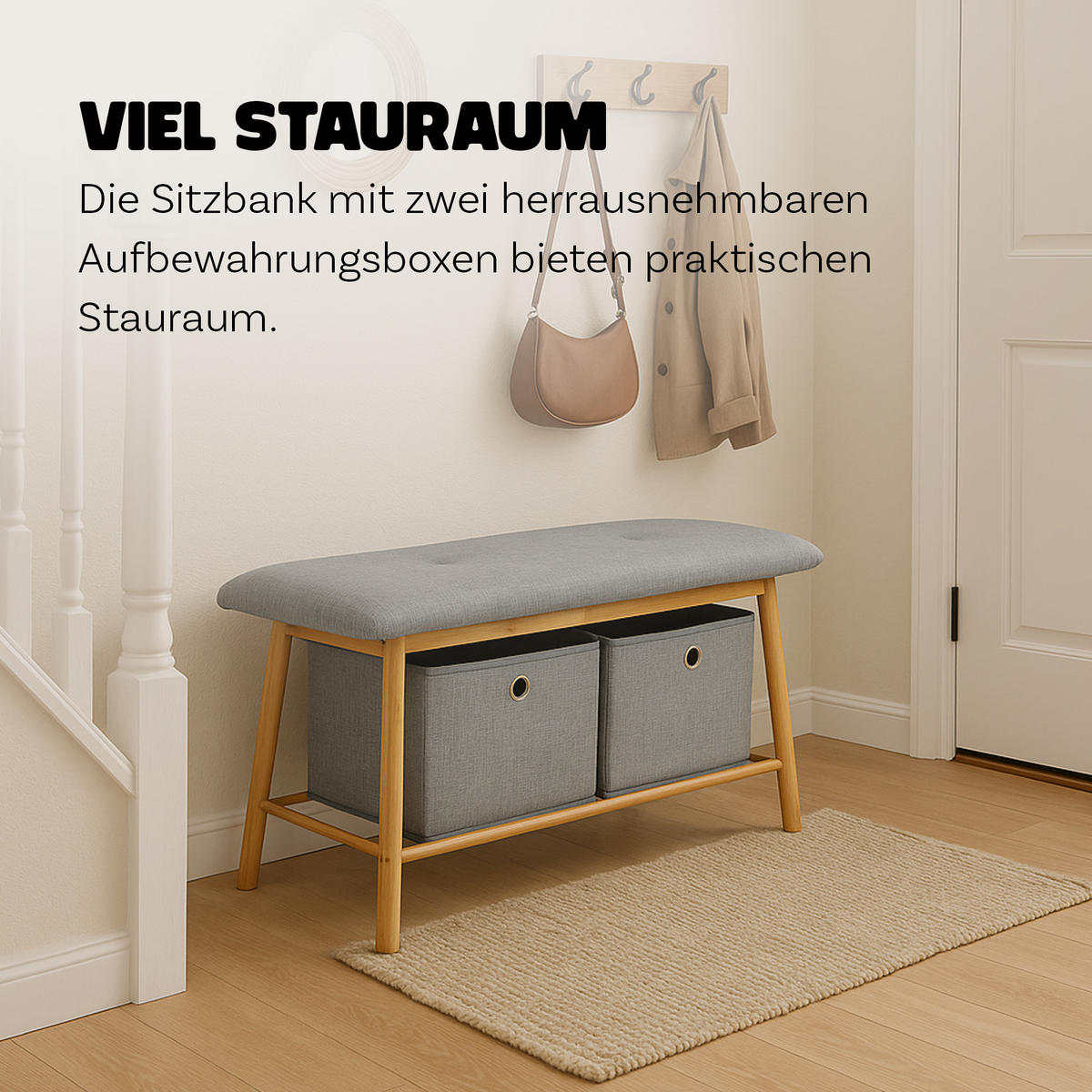 SCHUHBANK Bambus 90x34x45cm mit 2 Körben - Hellbraun/Grau, Bambusholz/Textil (34/45/90cm)