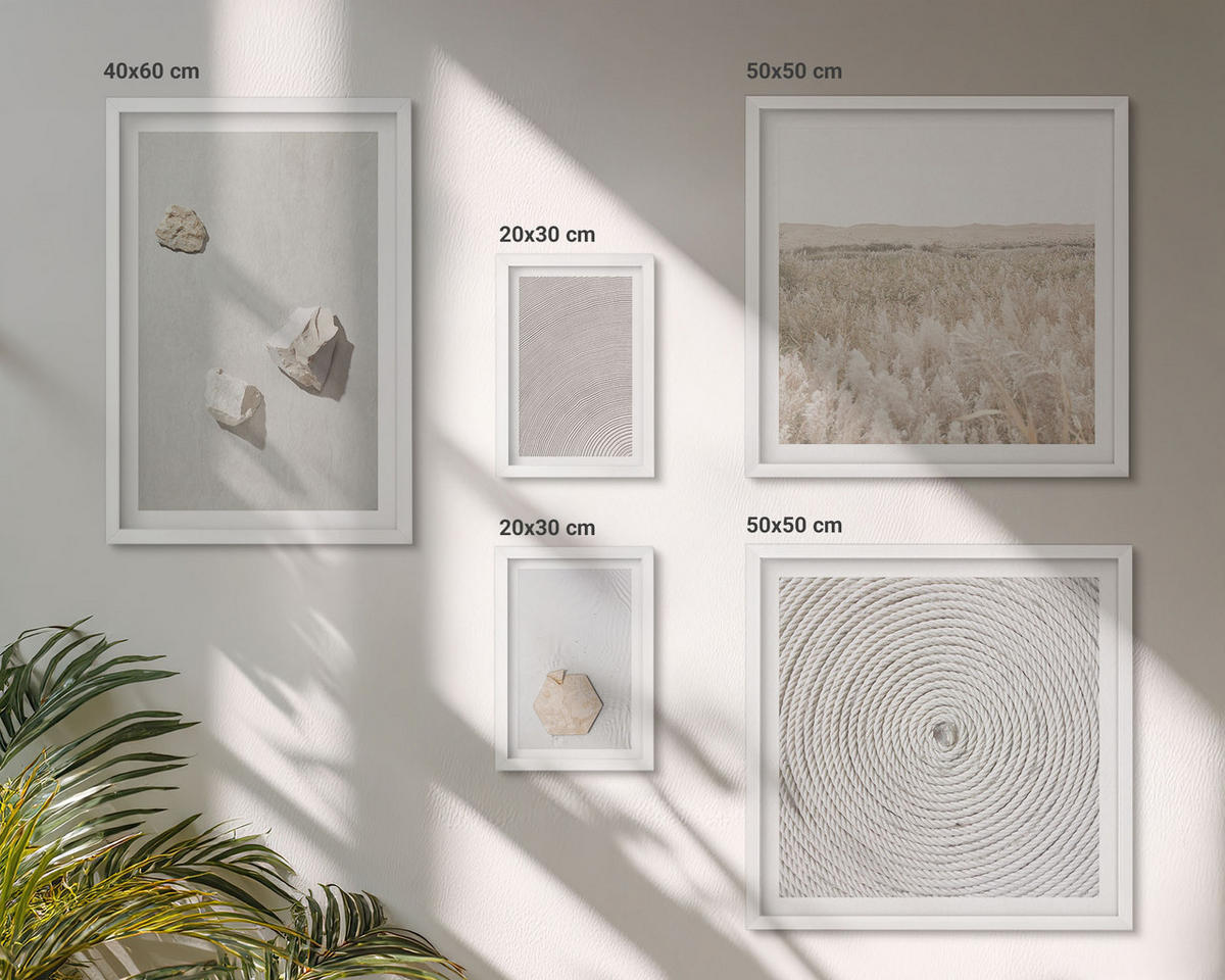 WANDBILDER 5er-Set - 50x50 cm & 20x30 cm & 40x60 cm Weißer Rahmen - Leichte Boho-Sandtexturen - Weiß, Kunststoff (40/60cm) - ArtPrintCave