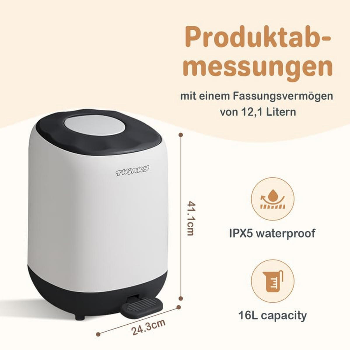 WINDELEIMER Geruchsdicht ohne Kassette weiß und schwarz - Schwarz/Weiß, Kunststoff (24/41/20cm) - Twinky