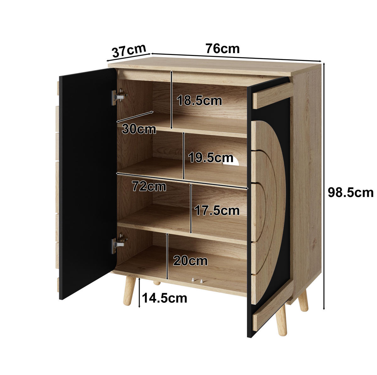 SCHUHSCHRANK aus MDF 76x37x98,5cm in Schwarz mit Türen - Schwarz, Holzwerkstoff (76/98.5/37cm) - Modfu