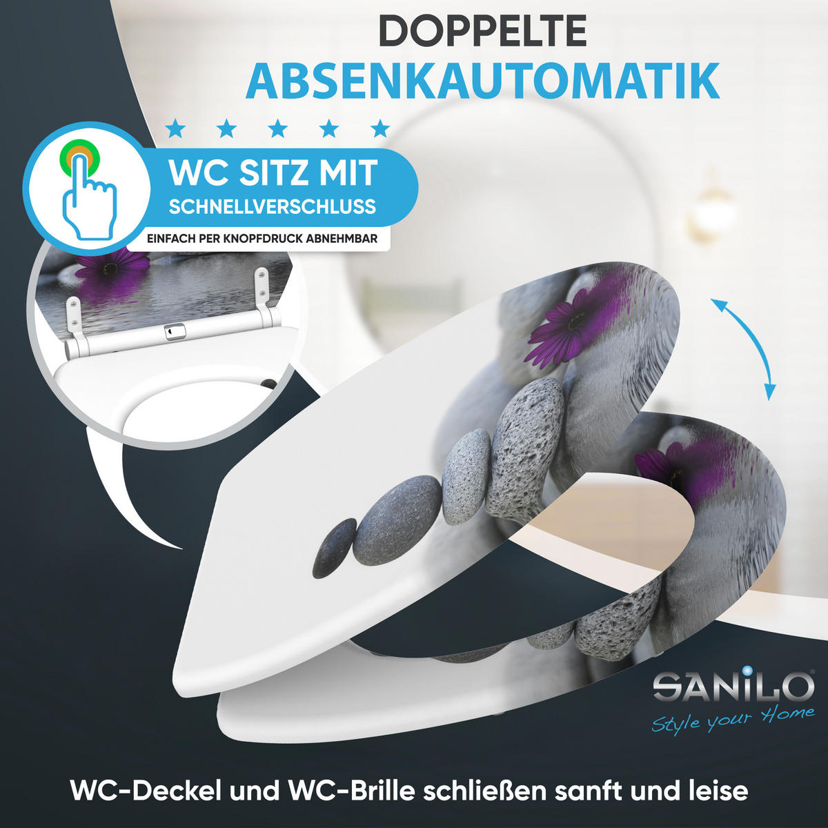 WC-SITZ mit Absenkautomatik & Top Fix Energy Stones - Violett, Holzwerkstoff (37.7/5.5/48cm) - Sanilo