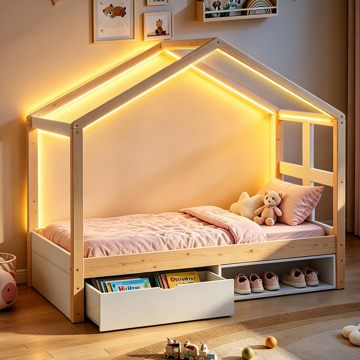 HAUSBETT 90/190 cm in Weiß & Natur mit Schublade, Schuhschrank und LED im Haus-Design - Naturfarben, Holzwerkstoff (90/190cm) - STILVORA