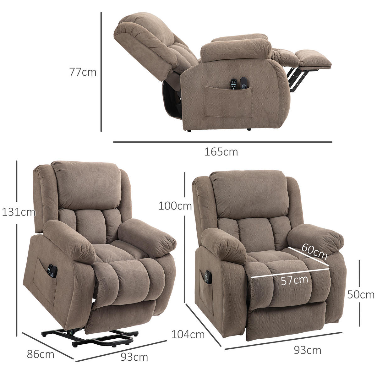 FERNSEHSESSEL mit Aufstehhilfe, Relaxsessel mit Liege-, Massagefunktion, Braun - Hellbraun/Schwarz, Textil/Metall (104/100/93cm) - HOMCOM