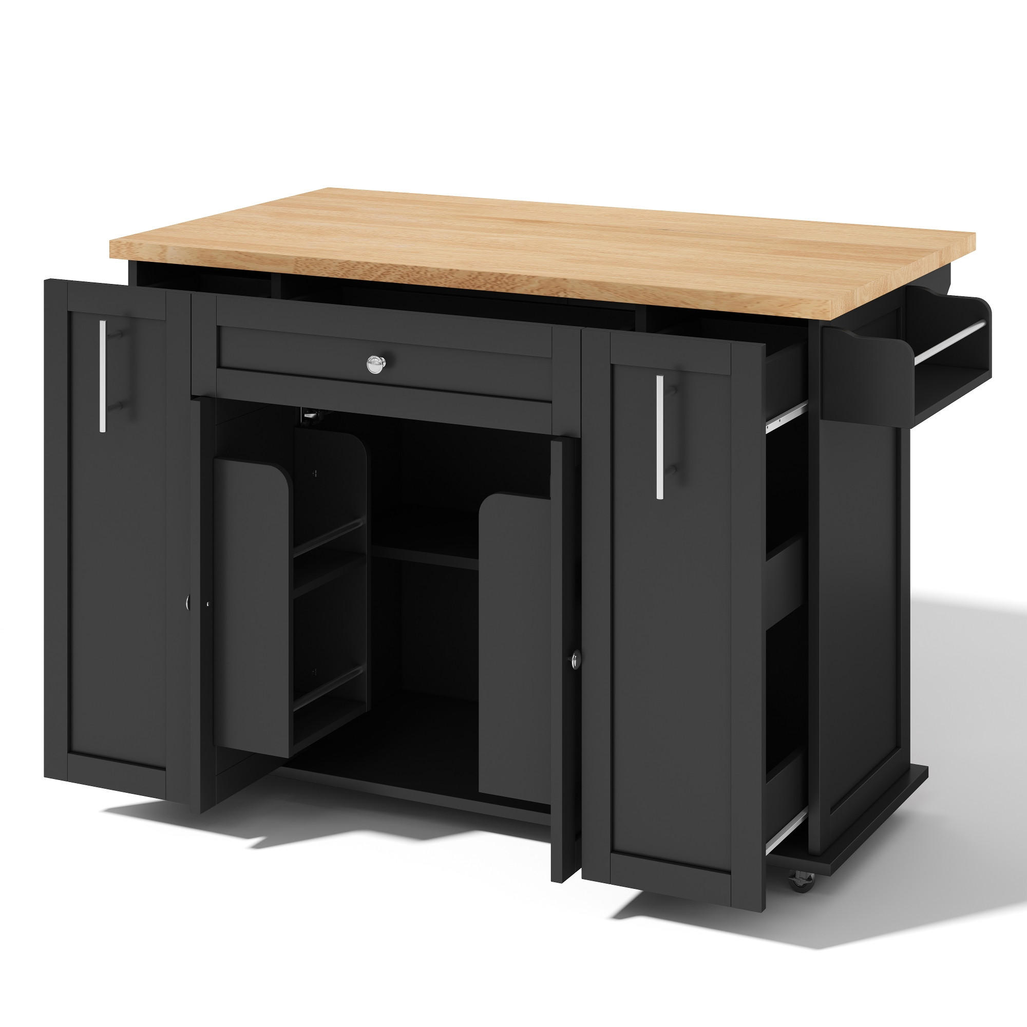KÜCHENINSEL 120/45/83 cm Schwarz mit klappbarer Arbeitsplatte, 3 vertikalen Schubladen und feststellbaren Rollen - Schwarz, Holz (70/87/120cm) - Oxeza