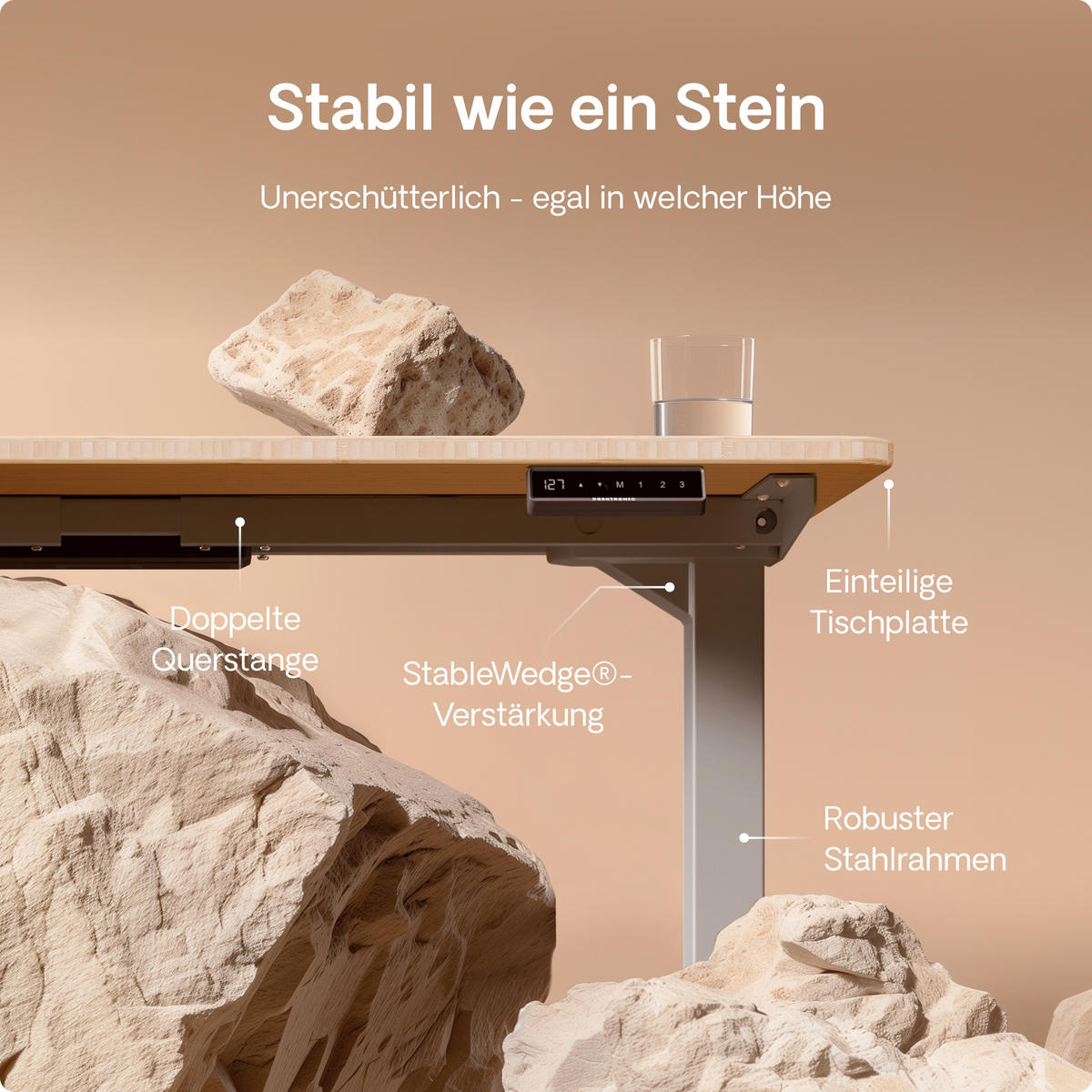 SCHREIBTISCH Elektrisch Höhenverstellbarer HomePro 140x70cm Grau/Bambus mit Memory-Funktion, Anti-Kollisions Technologie - Hellgelb/Grau, Holz (70/140/63.5cm) - Desktronic