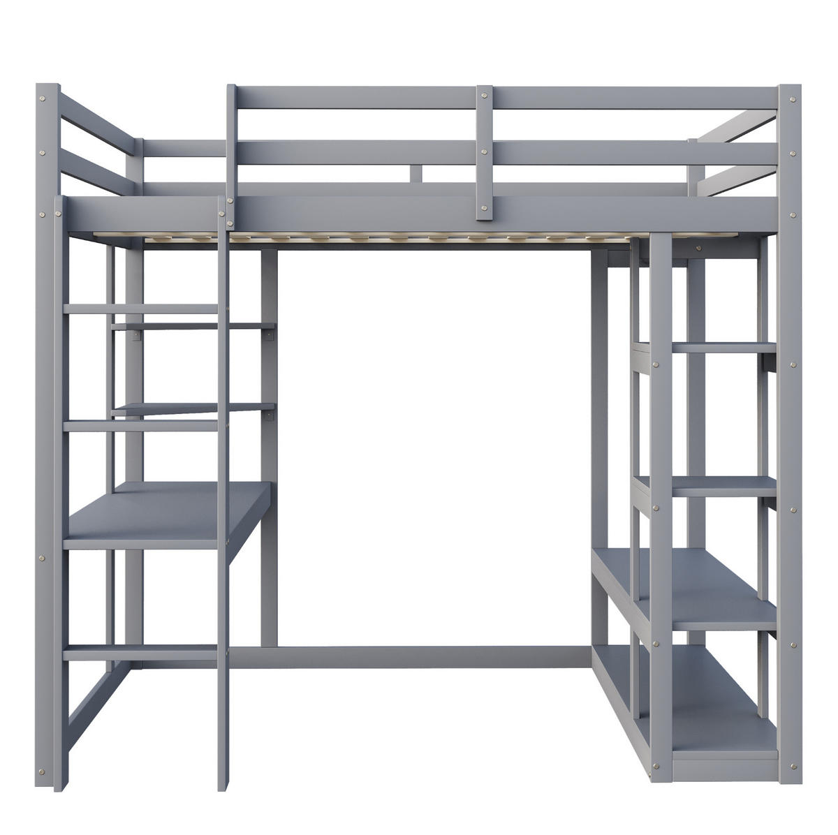 HOCHBETT aus Kiefernholz 140x200 cm Grau mit Schreibtisch, Regalen und Garderobenbereich - Grau, Holzwerkstoff (140/200cm) - Modfu
