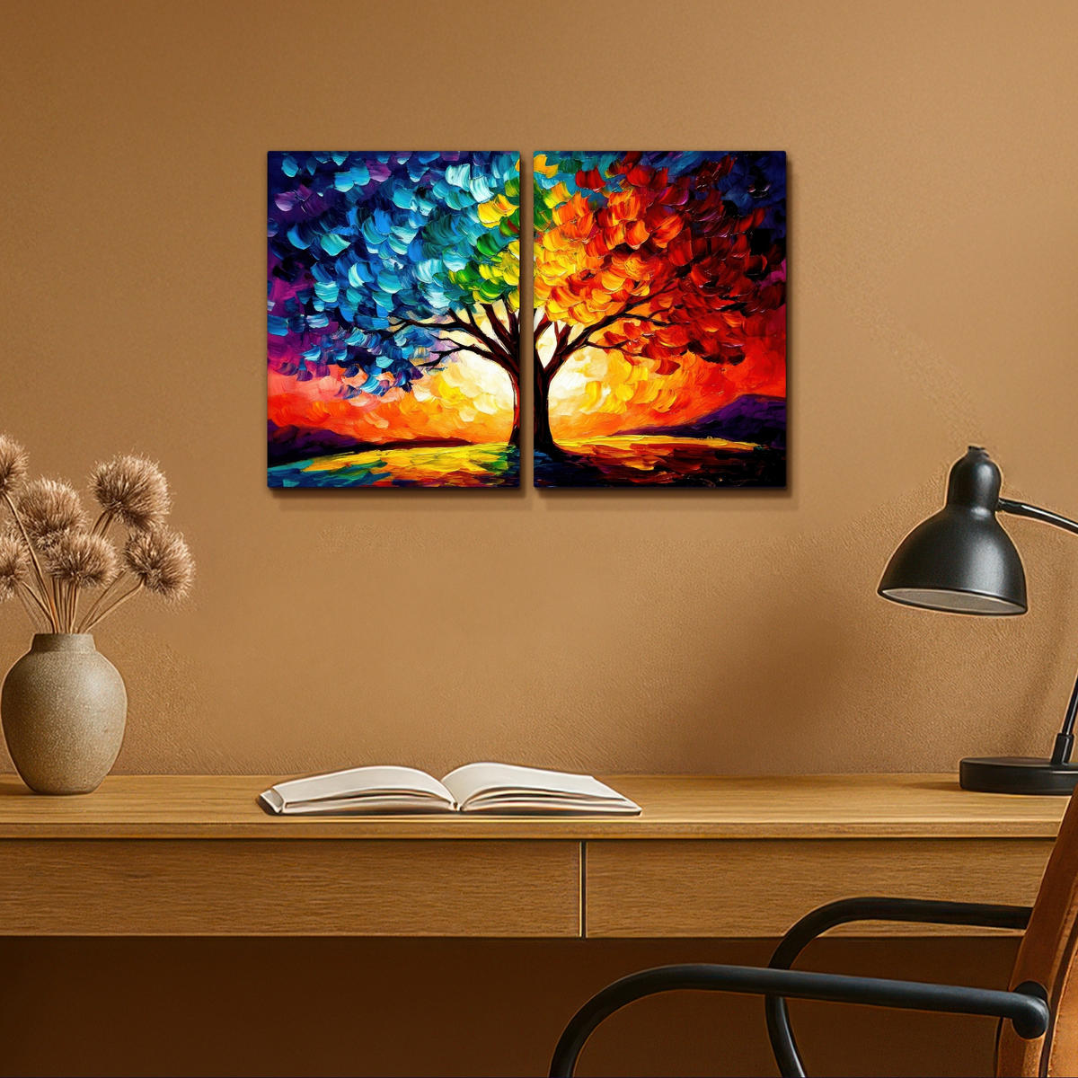 LEINWANDBILD 2er Set Baum - Farbenfroh - Malerei-Look - Abstrakt 60x40 cm - Multicolor, Textil (60/40cm) - MuchoWow