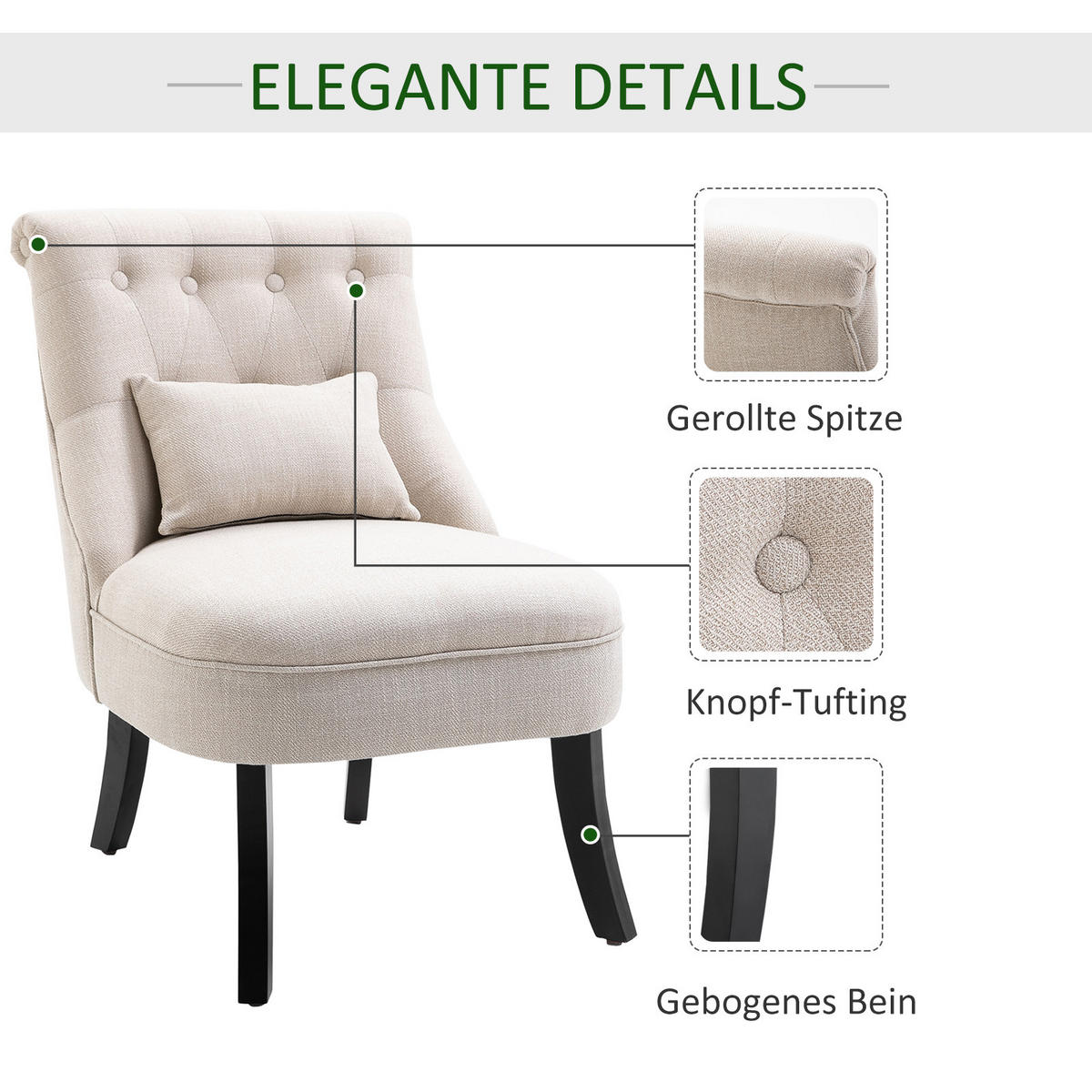 RELAXSESSEL, Sessel mit Rückenkissen, 52,5 x 69 x 77 cm, Cremeweiß - Weiß, Textil (52.5/77/69cm) - HOMCOM