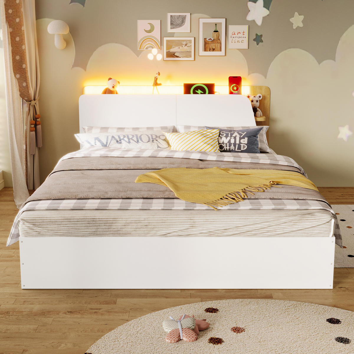 KINDERBETT 140/200 cm in Weiß & Natur mit Stauraum, LED und USB - Weiß/Naturfarben, Holz/Holzwerkstoff (140/200cm) - WISHDOR