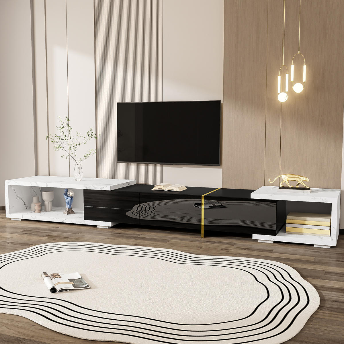 TV-SCHRANK Lowboard 140-260 cm drehbar Marmoroptik - Schwarz, Holz (260/30/40cm) - LEBENLANG