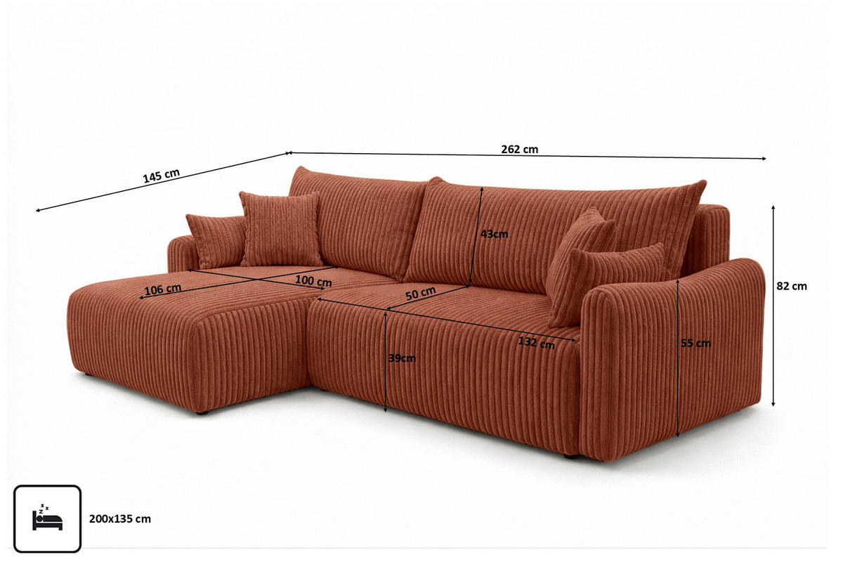 ECKSOFA Mit Schlaffunktion, Cordstoff Tilia, Kupfer, Links, JAPANDI - Orange, Holz (262/145cm) - Kaiser Möbel