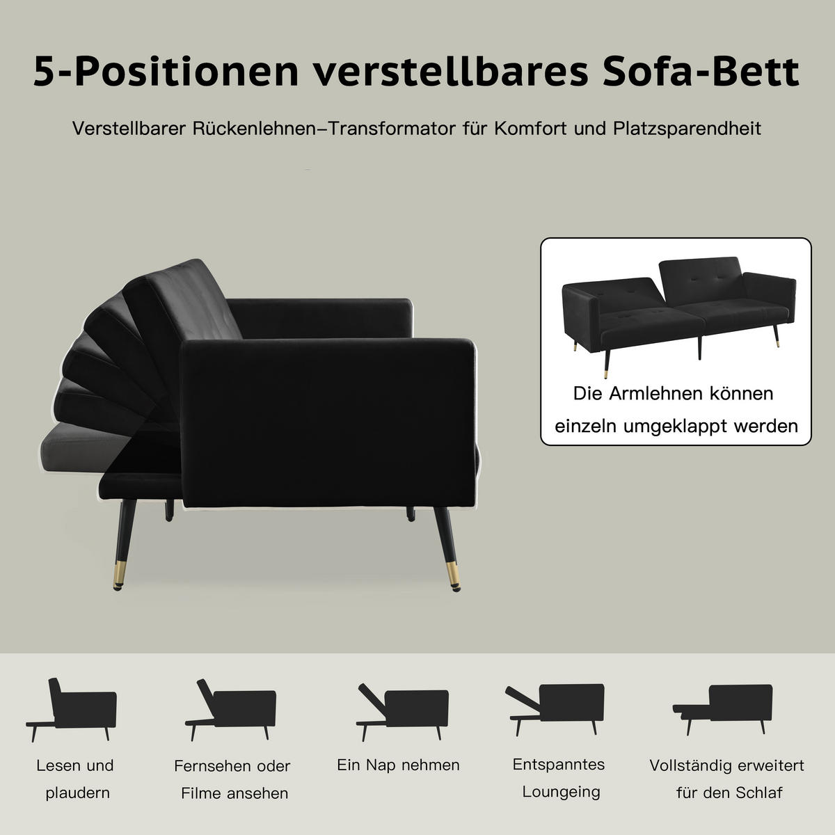 BÄDDSOFFA 2-sits sammet fällbar med gästsängsfunktion - Svart, Textil (164/70/89cm) - Urban Meuble