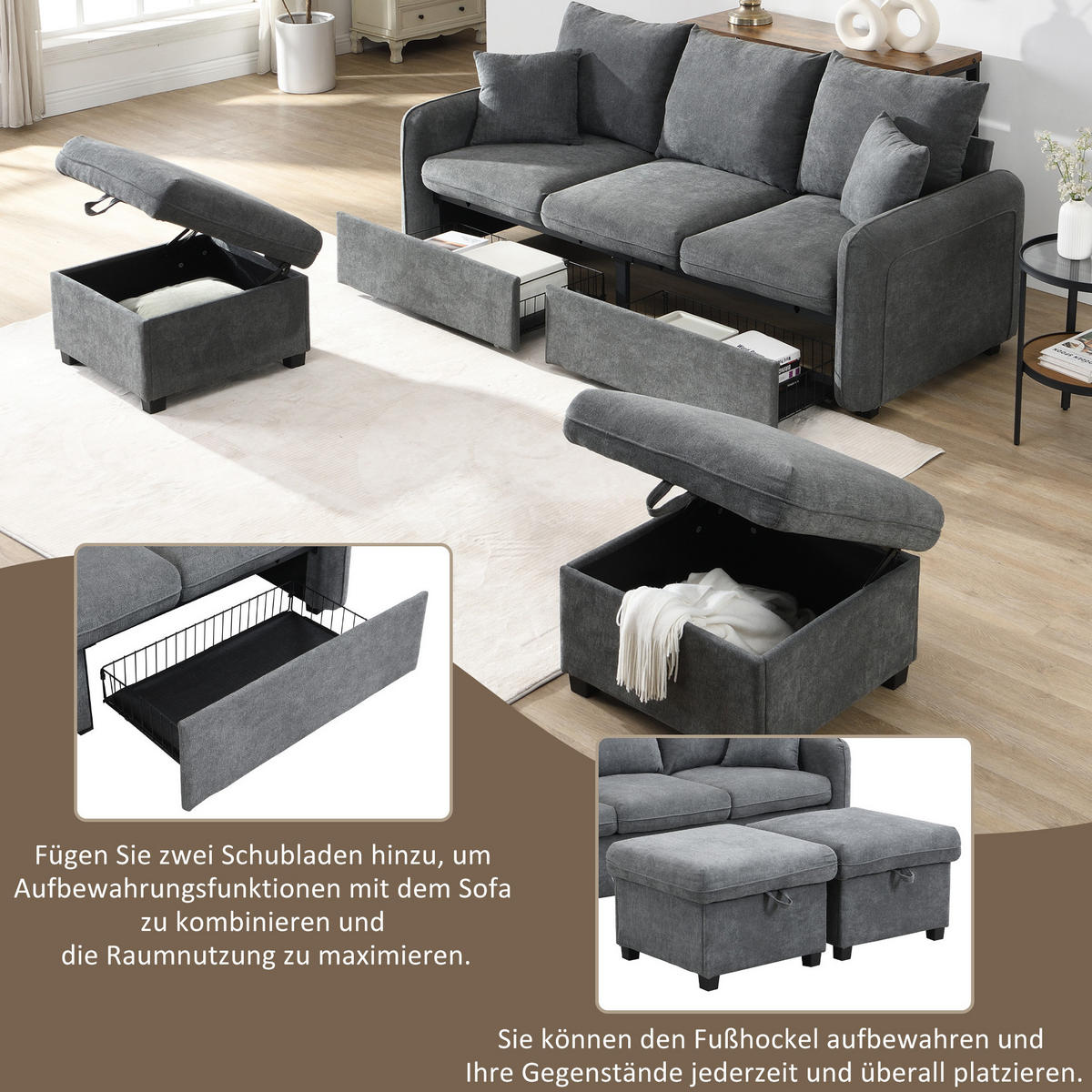 ECKSOFA U-Form Chenille mit Schlaffunktion und Stauraum 3-Sitzer und 2 Hocker 188/186/86 cm Dunkelgrau - Dunkelgrau, Kunststoff/Textil (186/188cm) - Redom