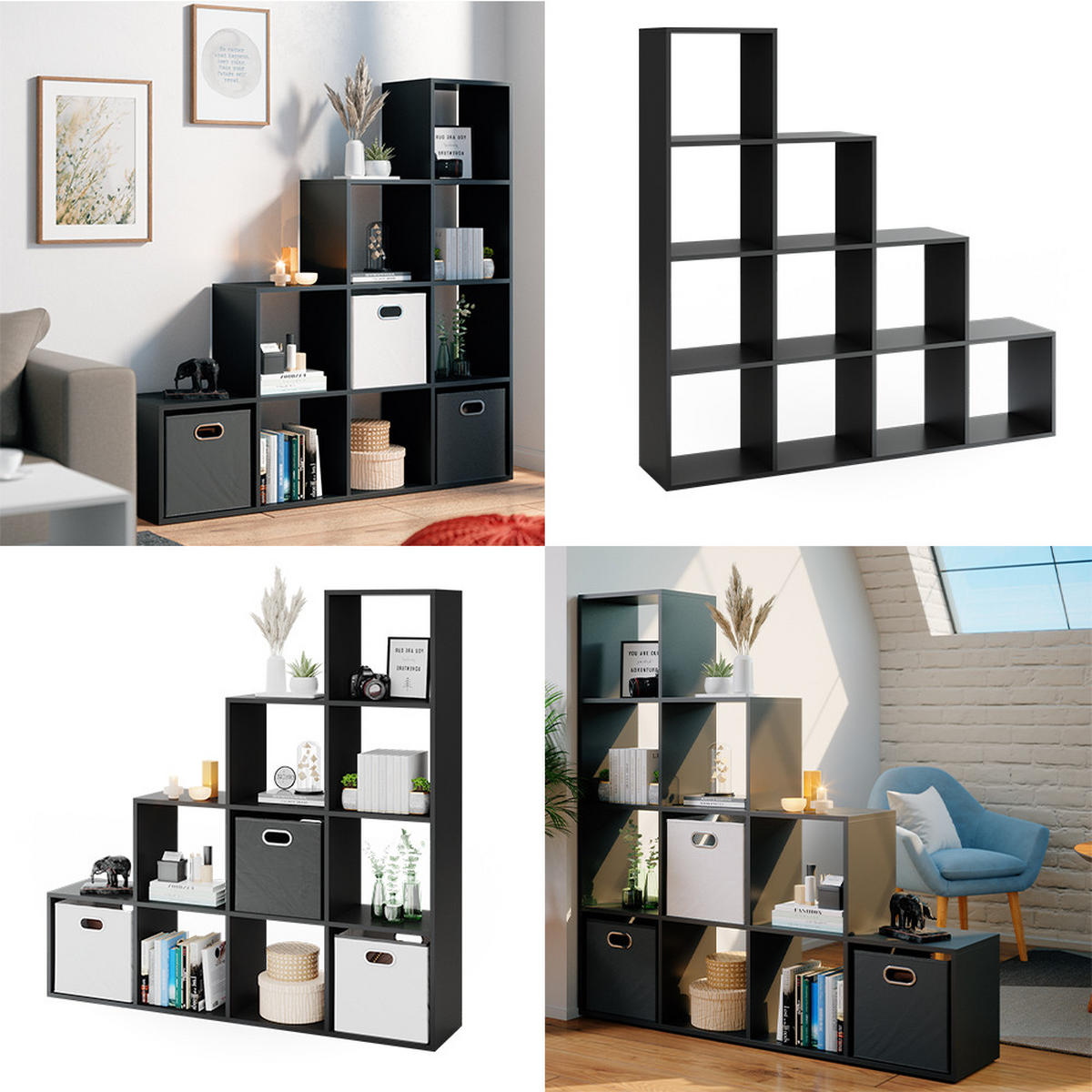 TREPPENREGAL Schwarz 142.5 x 140 cm - Schwarz, Holzwerkstoff (142.5/140/29cm) - Vicco