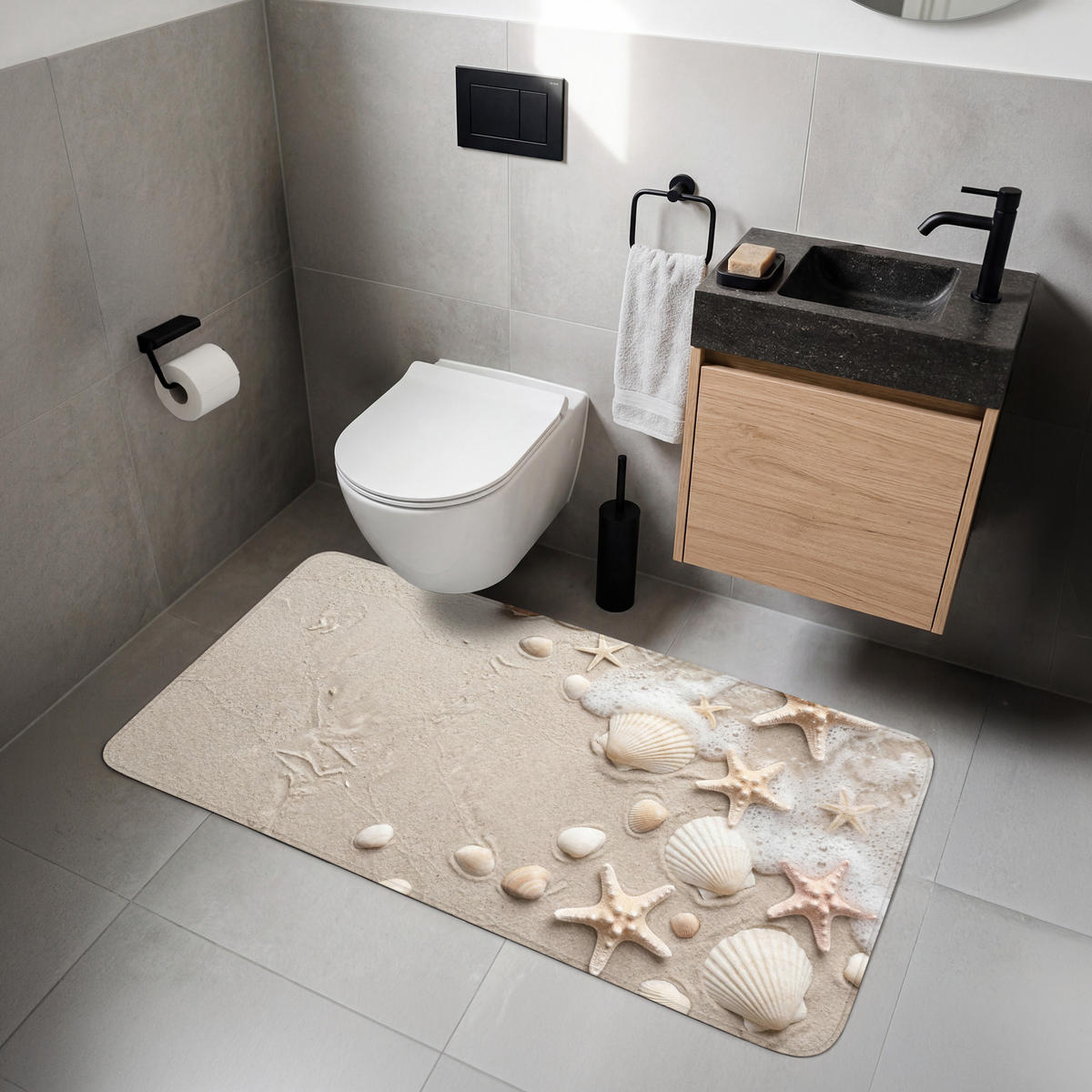 WC-VORLEGER Muscheln - Seesterne - Strand WC Teppich 120x60 cm - Sandfarben, Kunststoff/Textil (120/1cm) - OnlyWow