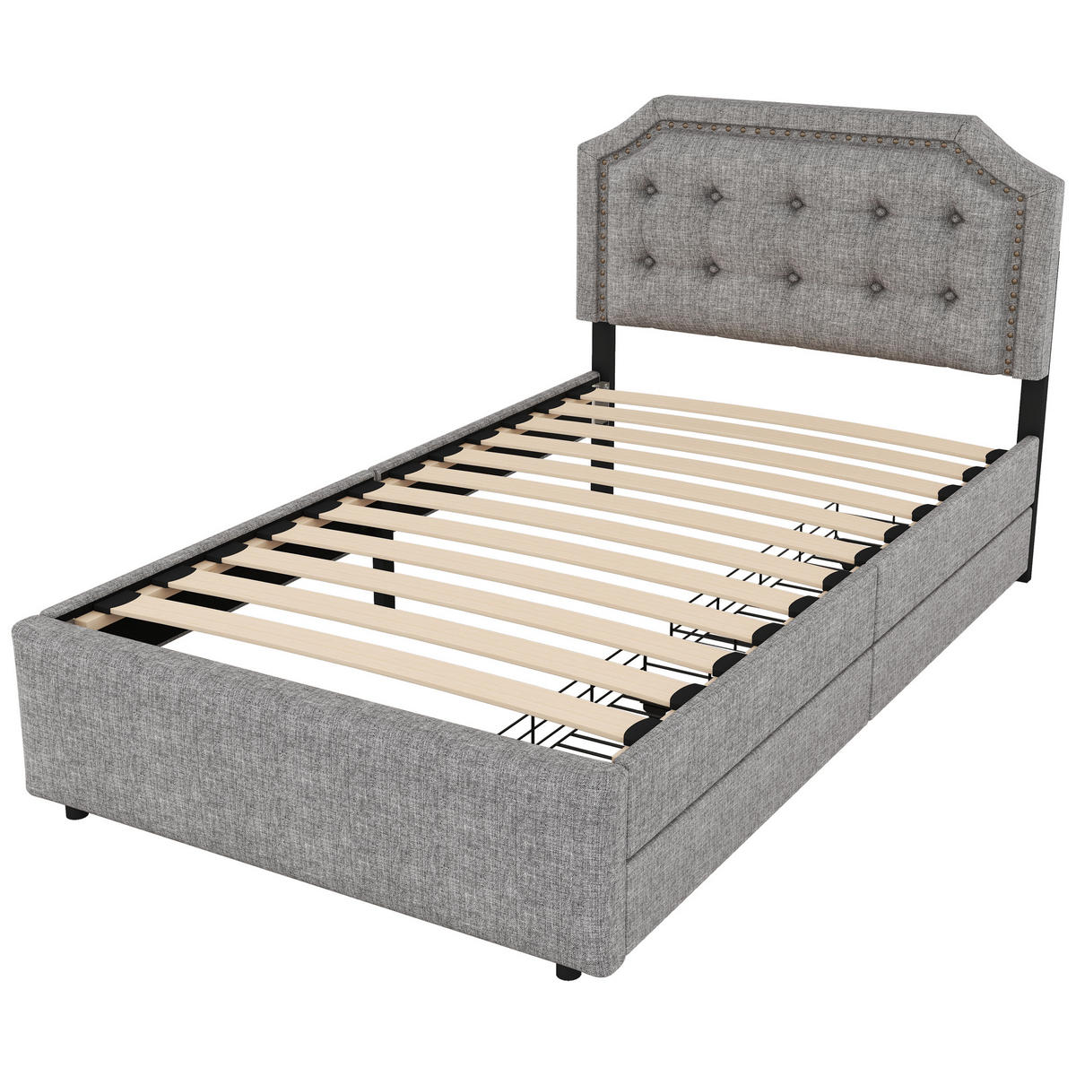 POLSTERBETT 90/200 cm grau mit Aufbewahrung und verstellbarem Nachttisch - Grau, Textil (90/200cm) - OKWISH